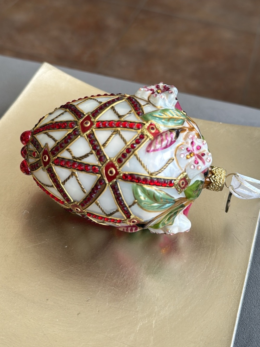 Jay Strongwater White Jeweled Egg Ornament Red Gold Accents Crystal Embellished
